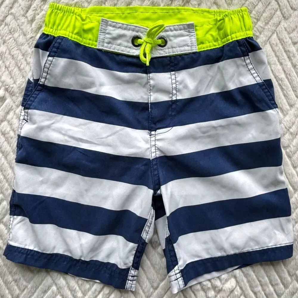 Mini Boden Boys 6-7Y Neon Stripe Swim Trunks Board Shorts Blue White Lined